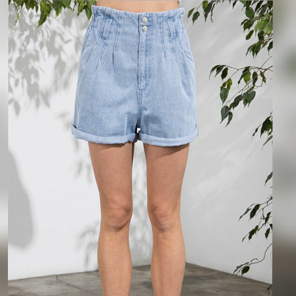 Aaron & Amber Washed Light Denim Blue High Waisted Paperbag Shorts - Picture 5 of 8